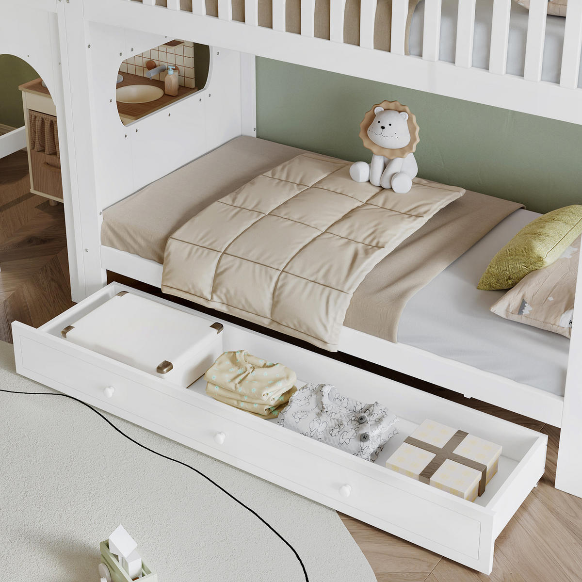 ETAGENBETT 90/200 cm & 90/200 cm in Weiß & Natur Kinderbett mit gerader Leiter und Geländern - Weiß, Holzwerkstoff (90/200cm) - STILVORA