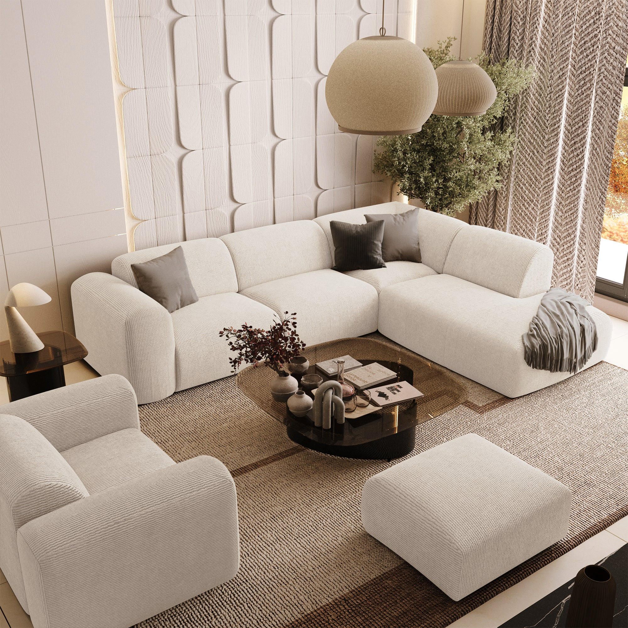 ECKSOFA RECHTS Gerippter Samt Creme 269cm - Creme, Textil (269/221cm) - Sia Home