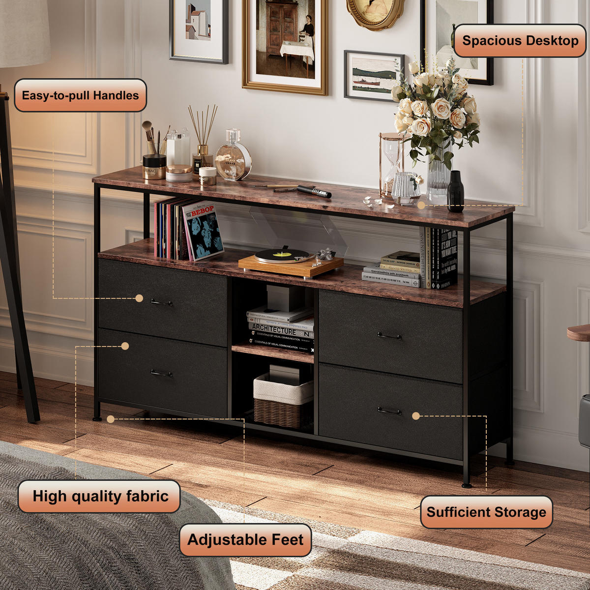TV-SCHRANK 137 CM - Tigerholz-Optik mit Tigerholz-Stoffschubladen - Schwarz, Holz (30/78/137cm)