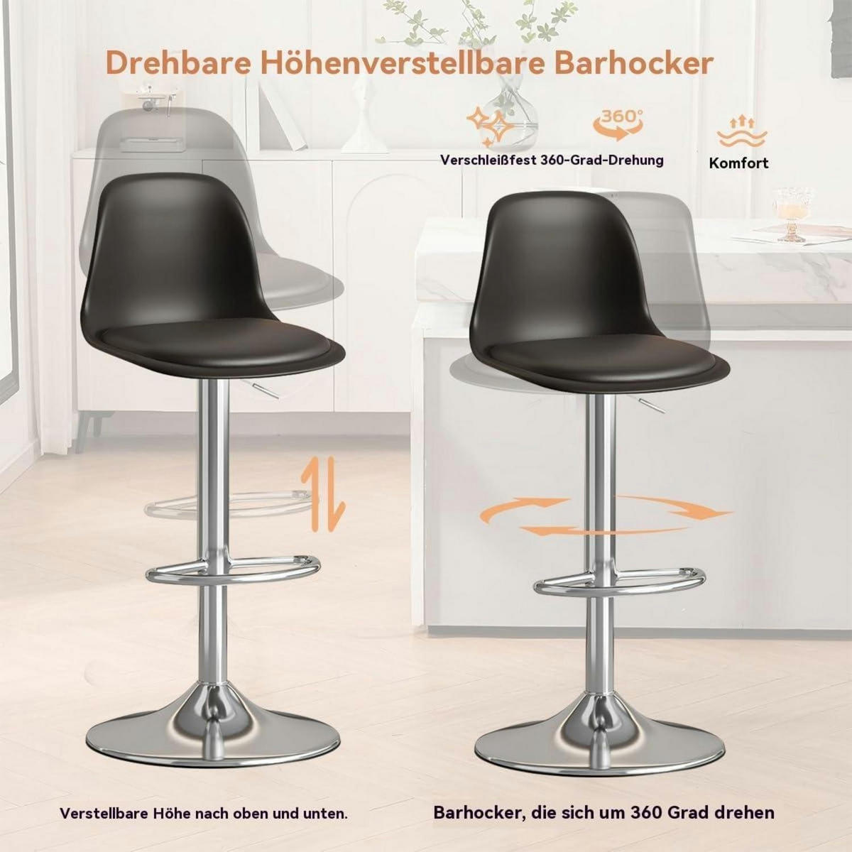 BARHOCKER 2er-Set höhenverstellbar mit Rückenlehne und Fußstütze Schwarz - Schwarz, Metall (45/104.4/38.5cm)