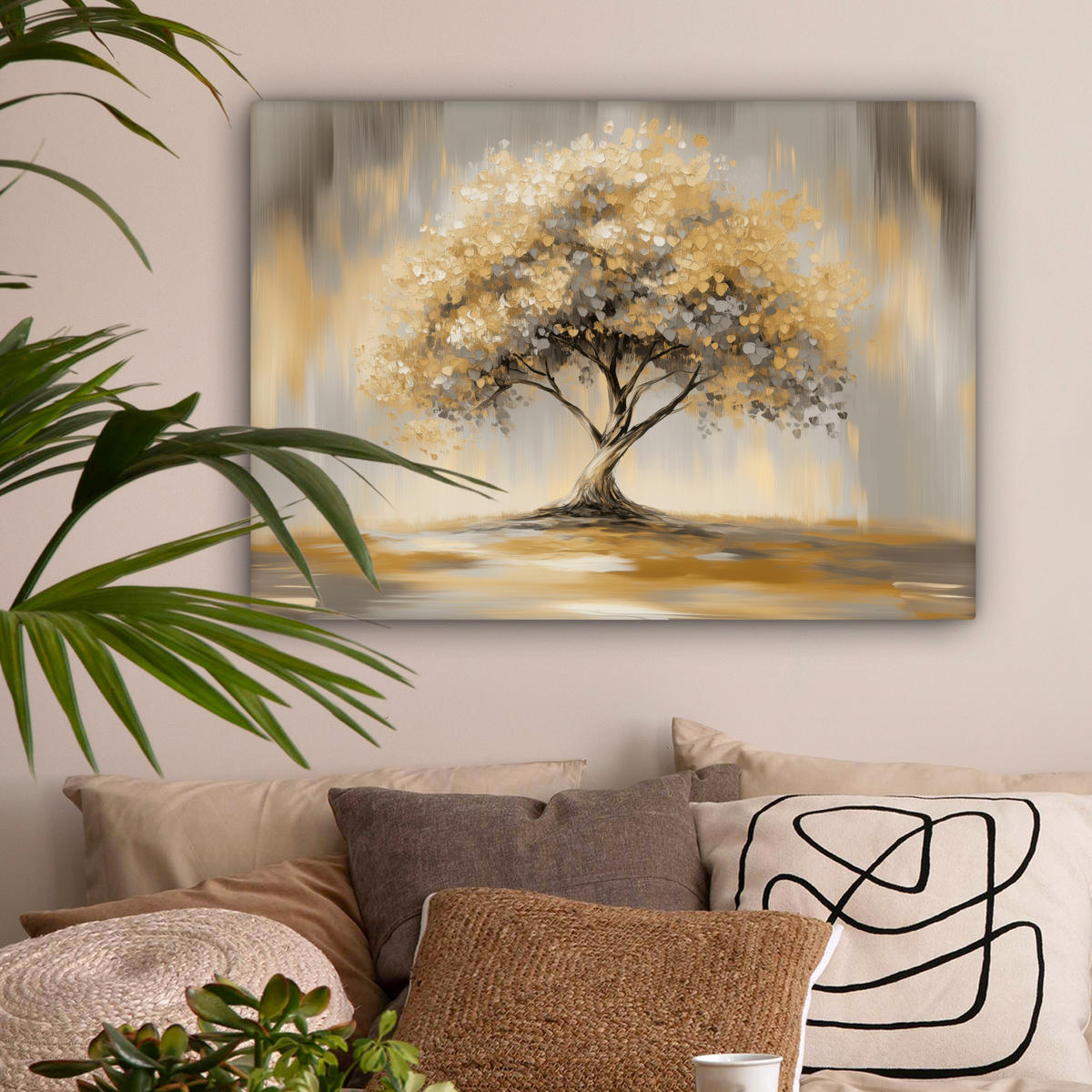 LEINWANDBILD Gemälde - Baum - Abstrakt - Blätter Wandbilder 80x60 cm - Beige, Textil (80/60cm) - MuchoWow