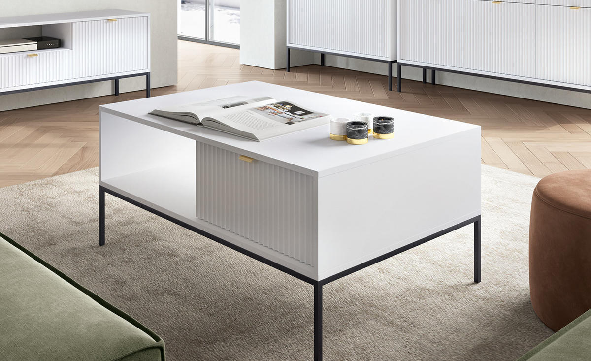 COUCHTISCH 104 cm Galla mit geriffelten Fronten und Schublade, Weiß + Schwarz - Schwarz/Weiß, Holz (68/104/46cm) - Emporius
