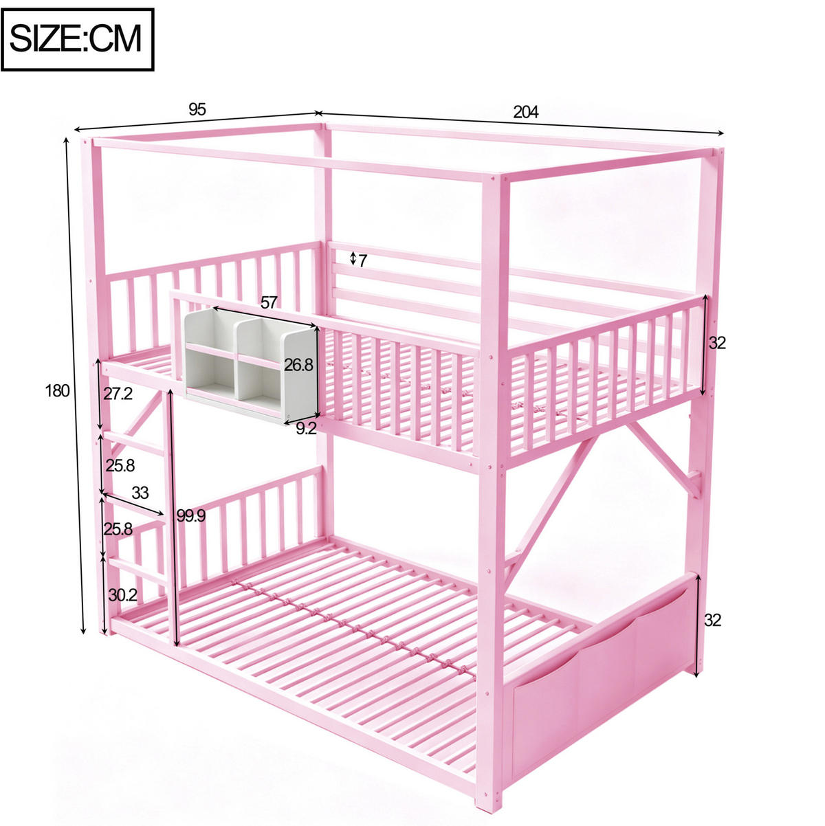 ETAGENBETT aus Metall und MDF 90x200 cm Rosa mit Dachkonstruktion, Regal und Seitentasche - Pink, Metall (90/200cm) - Modfu
