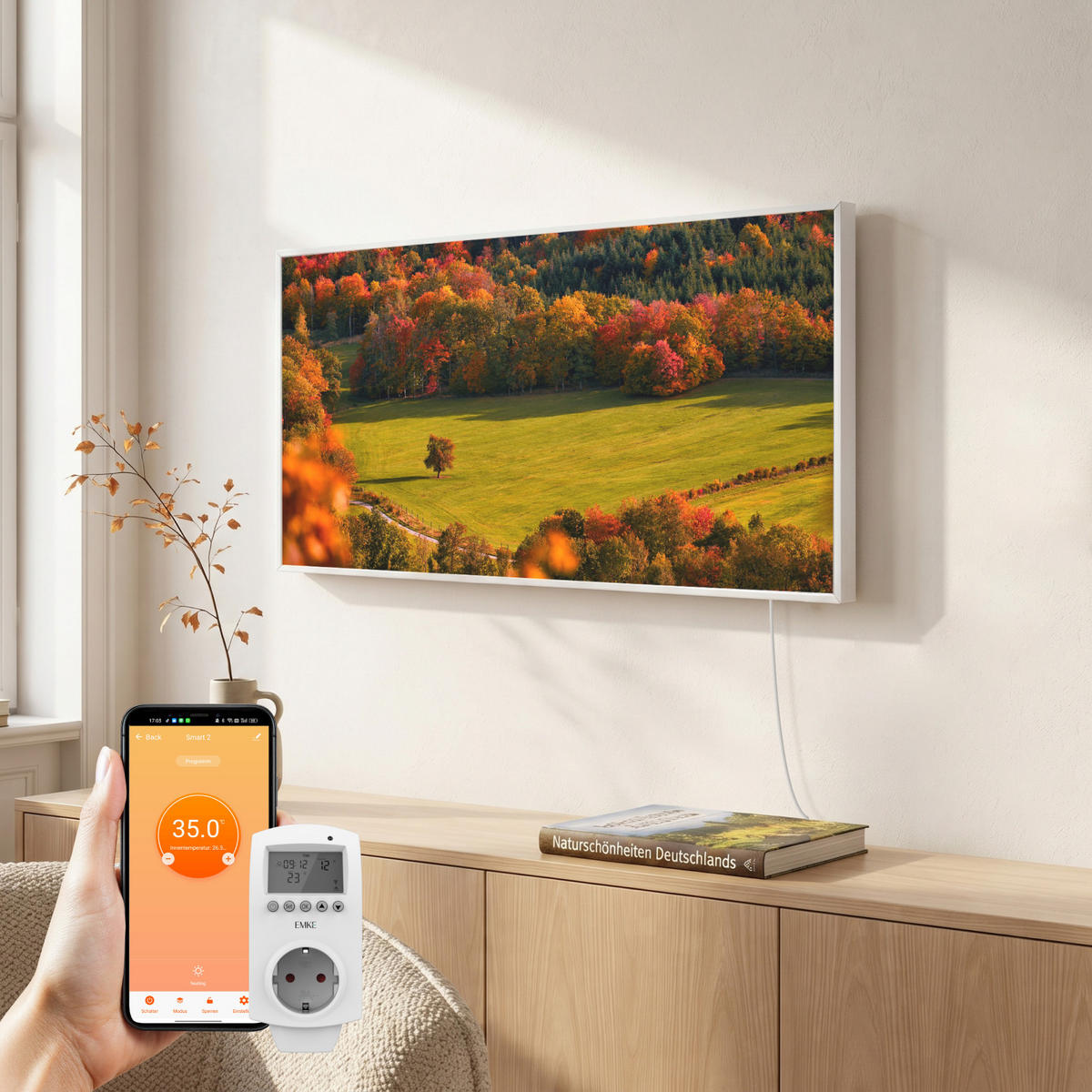 WANDKONVEKTOR Elektrisch mit dekorativem Landschaftsbild, Thermostat und WLAN App Steuerung, 119,5/59,5/2 cm - Weiß, Kunststoff/Metall (119.5/59.5/2cm) - EMKE