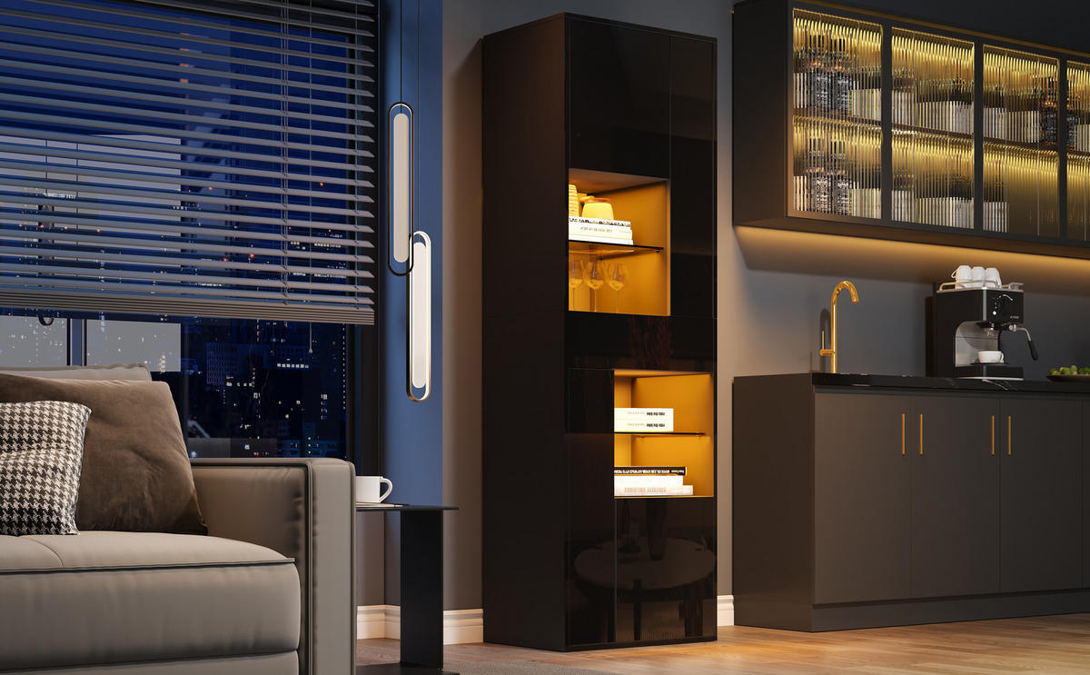 VITRINE aus Spanplatte 55x38x170 cm Schwarz mit LED-Beleuchtung, Hochglanzfront und verstellbaren Einlegeböden - Schwarz, Holzwerkstoff (55/170/38cm) - Modfu