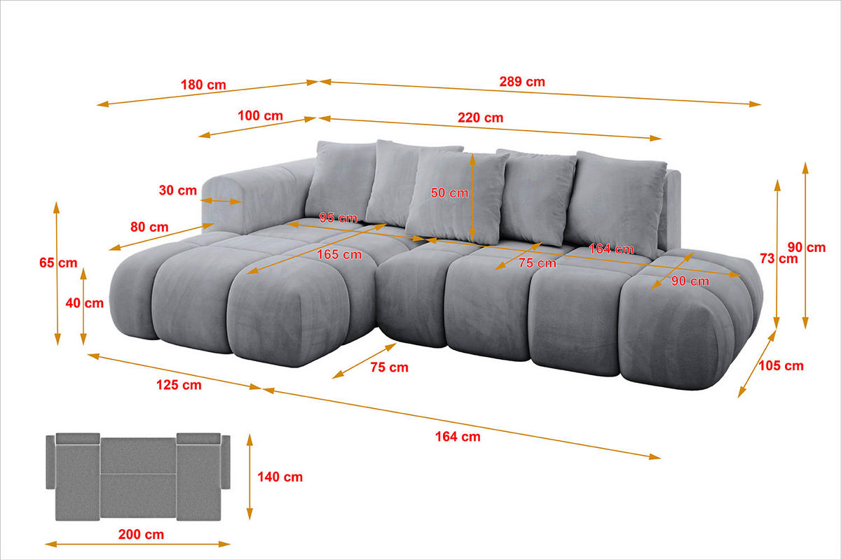ECKSOFA Ottomane Links CLOUD-L-v1 289x180x40 Hellgrau Velours - Hellgrau, Holzwerkstoff/Kunststoff (180/289cm) - ALTDECOR