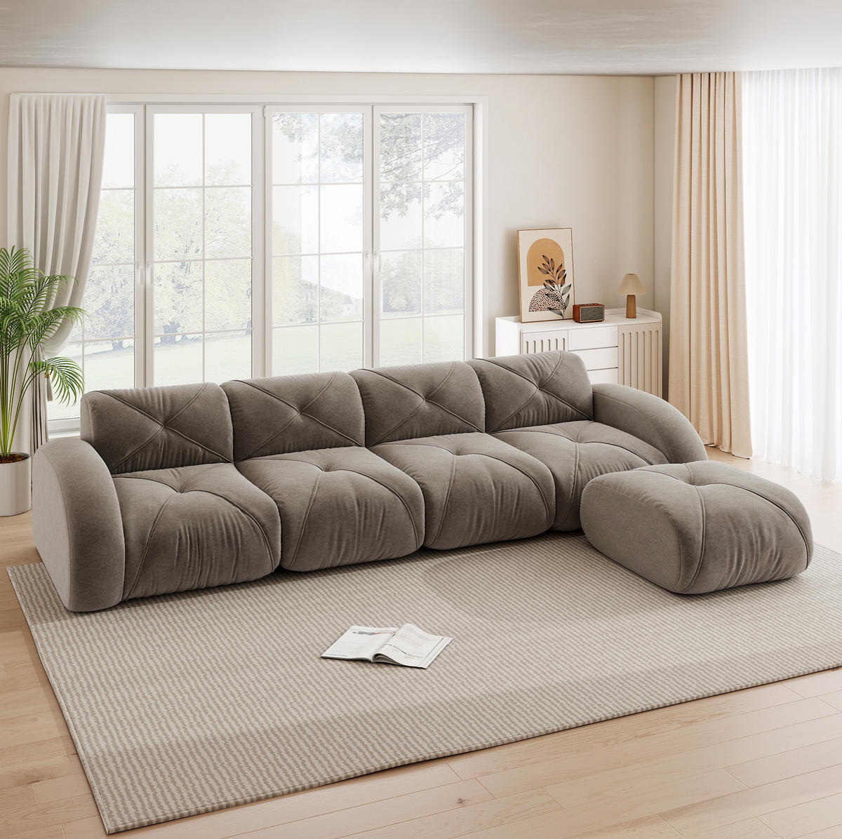 SOFA modular Chenille Brown 4-Sitzer mit Hocker - Braun, Kunststoff (171/358cm) - Meubliv