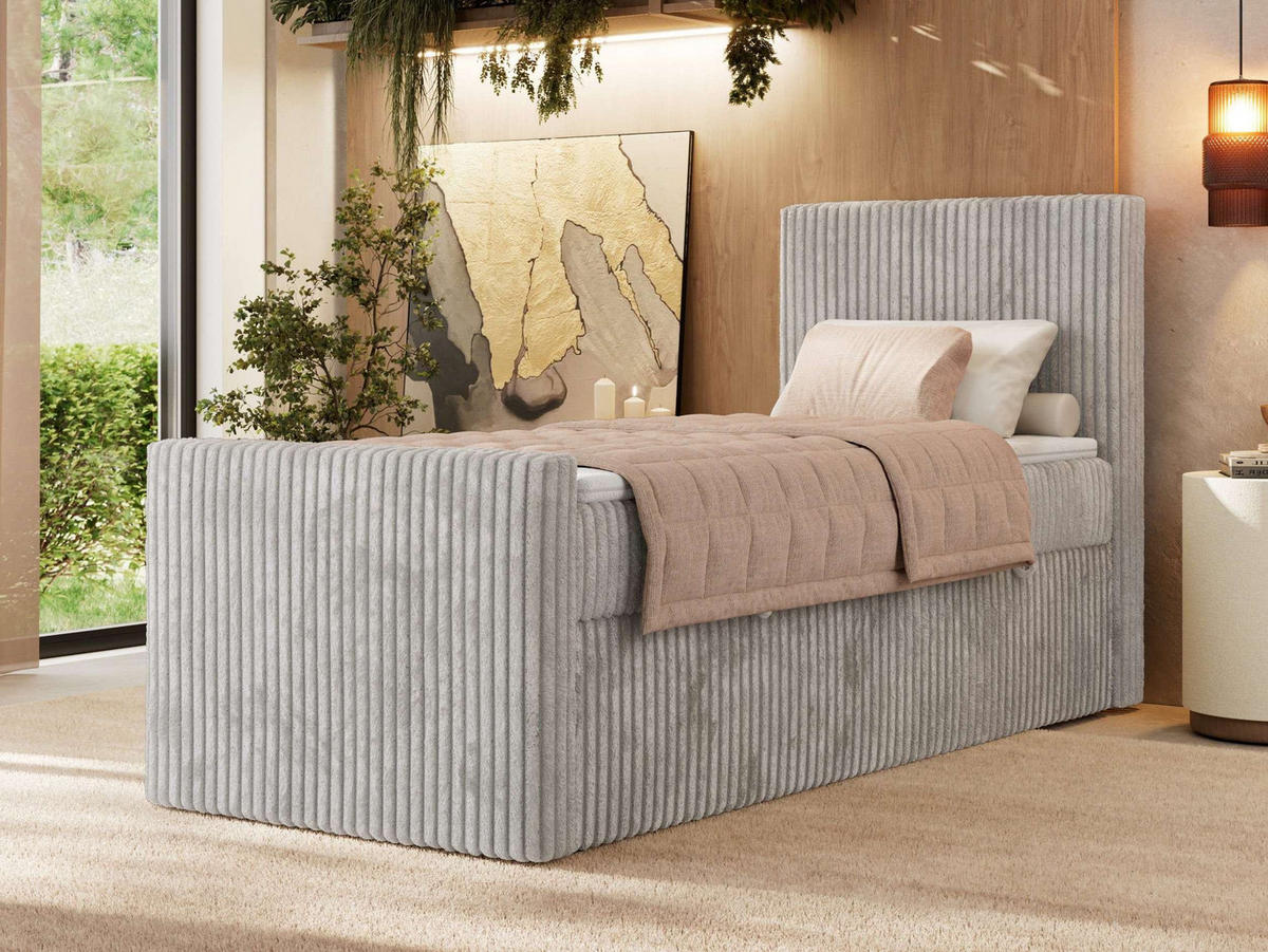 BOXBETT TILIANO DUO 90/200 - Hellgrau Cord - H3 - Topper Visco - Rechts Seite - Hellgrau, Textil (90/200cm) - MKS