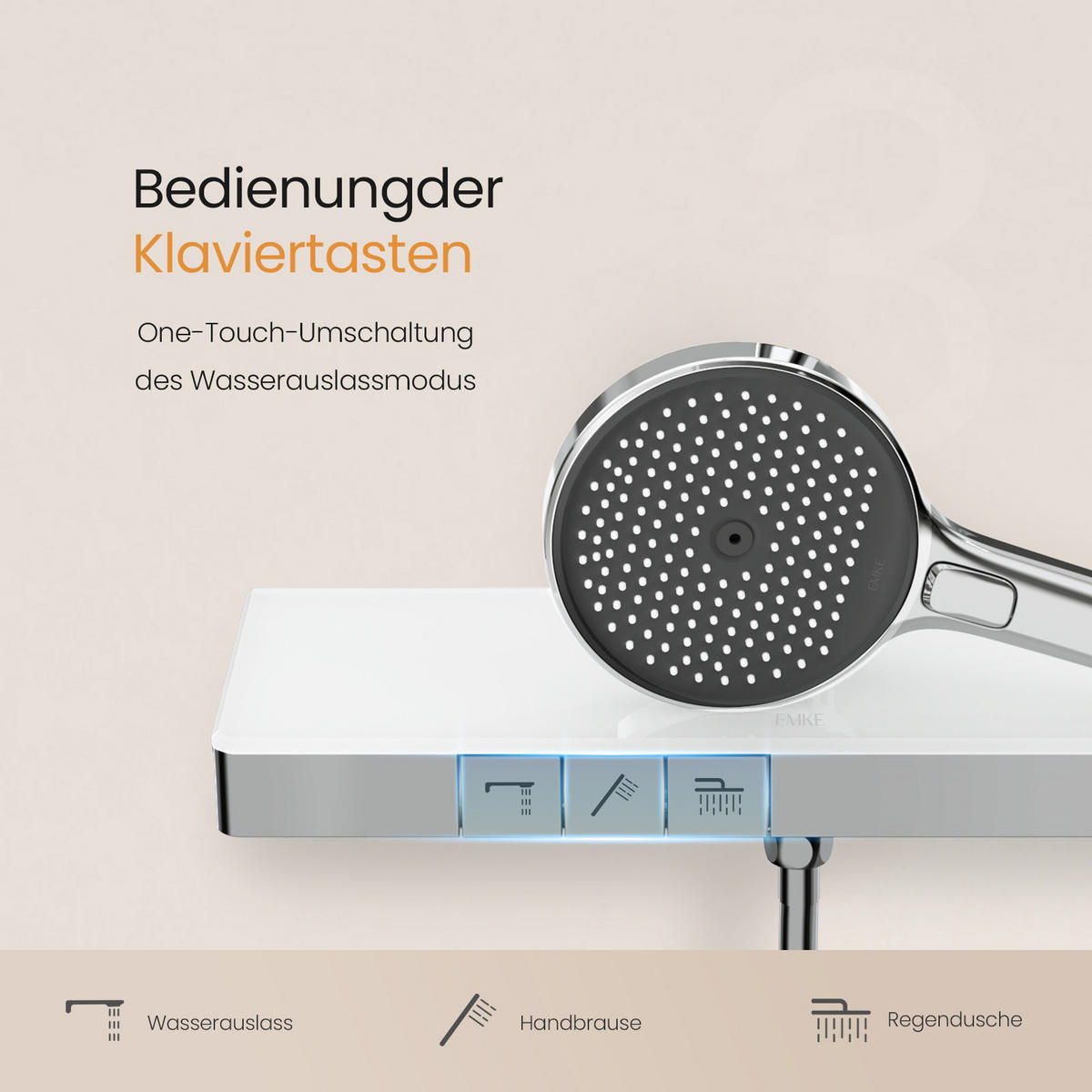 ÜBERKOPFBRAUSESET mit Thermostat Drei Wasserauslassmethoden Chrom - Chromfarben, Metall (13.5/106/44.6cm) - EMKE