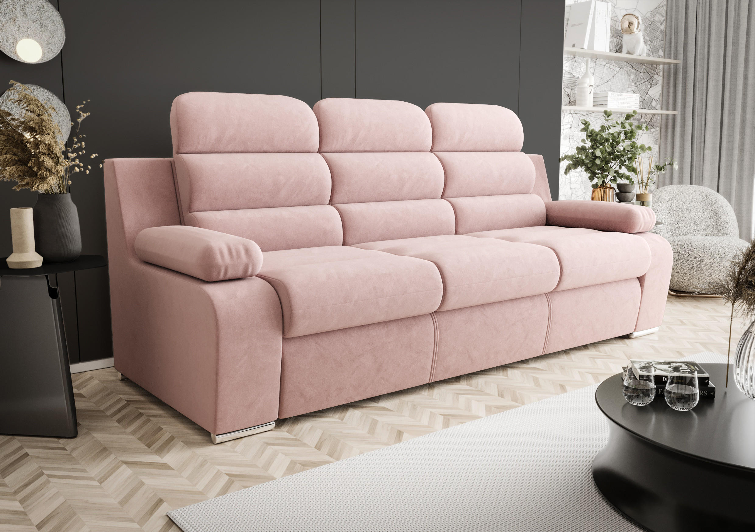 SCHLAFSOFA AMBER, mit Schlaffunktion und Bettkasten, Farbe: Rosa, Velourstoff - Rosa, Textil (238/103/96cm) - O-Sofa