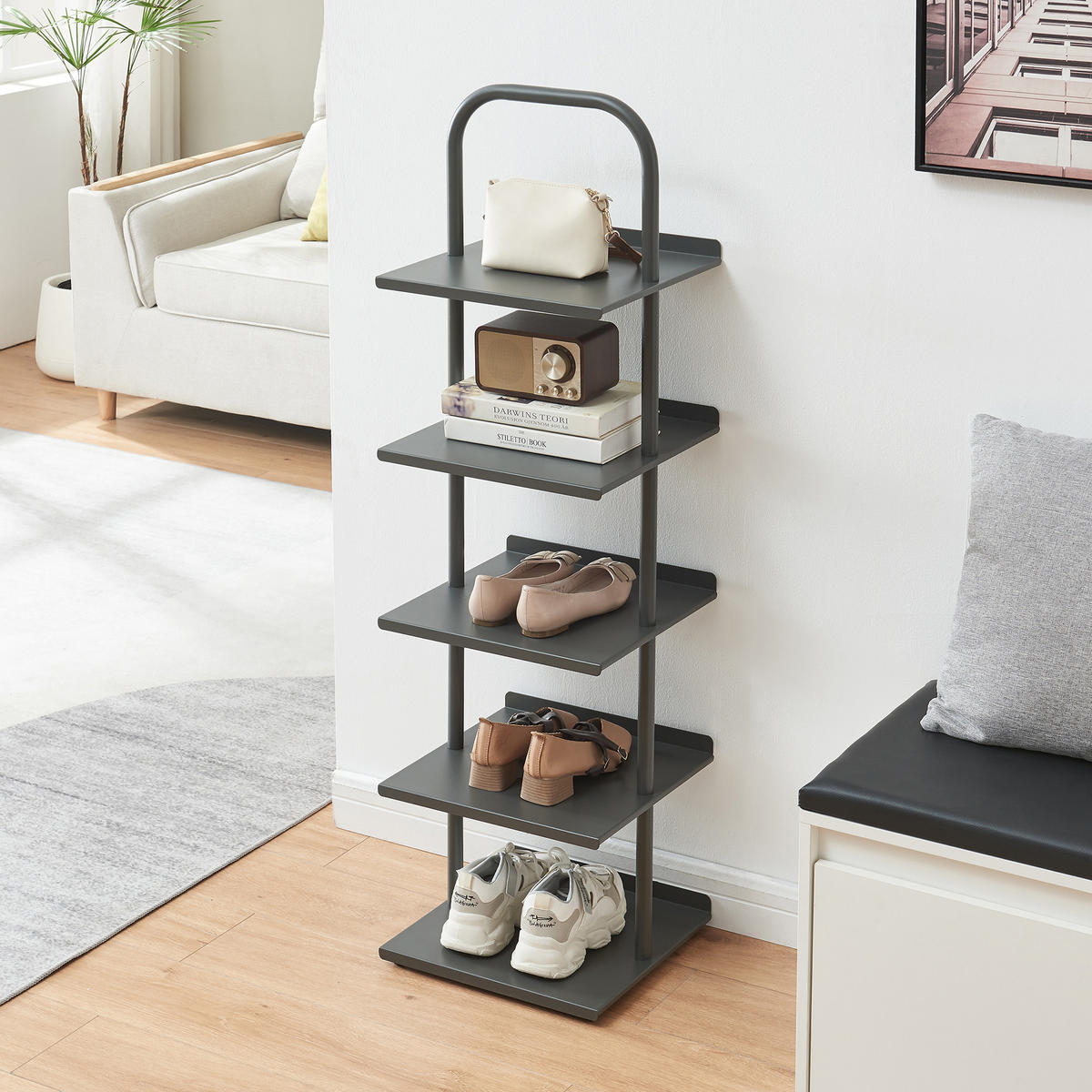 SKŘÍŇ NA BOTY Poytya - antracitová, kov (34/119/32cm) - [en.casa]