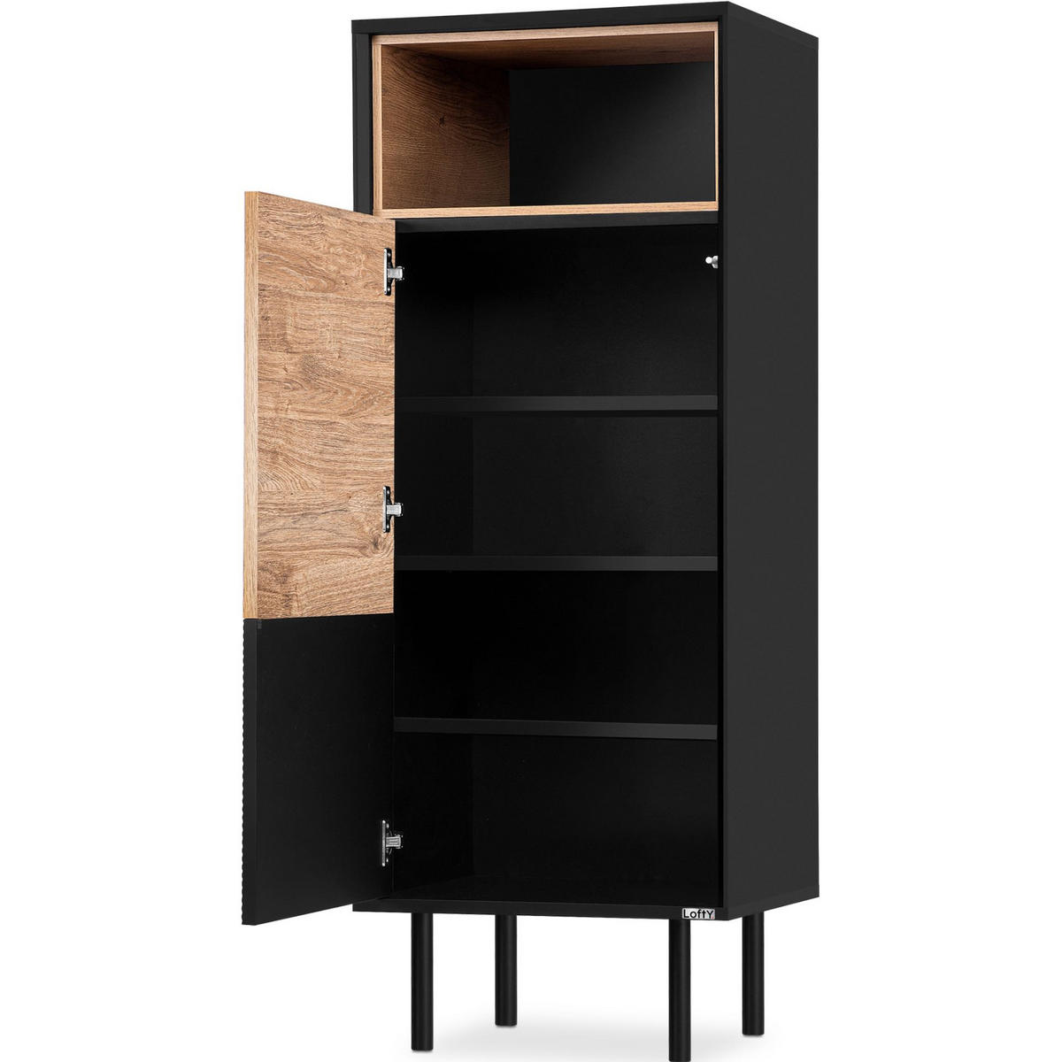 REGAL LOFTY mit Massivholzbeine, schwarz - Eichefarben/Multicolor, Holzwerkstoff (52/135/41cm) - KONSIMO®