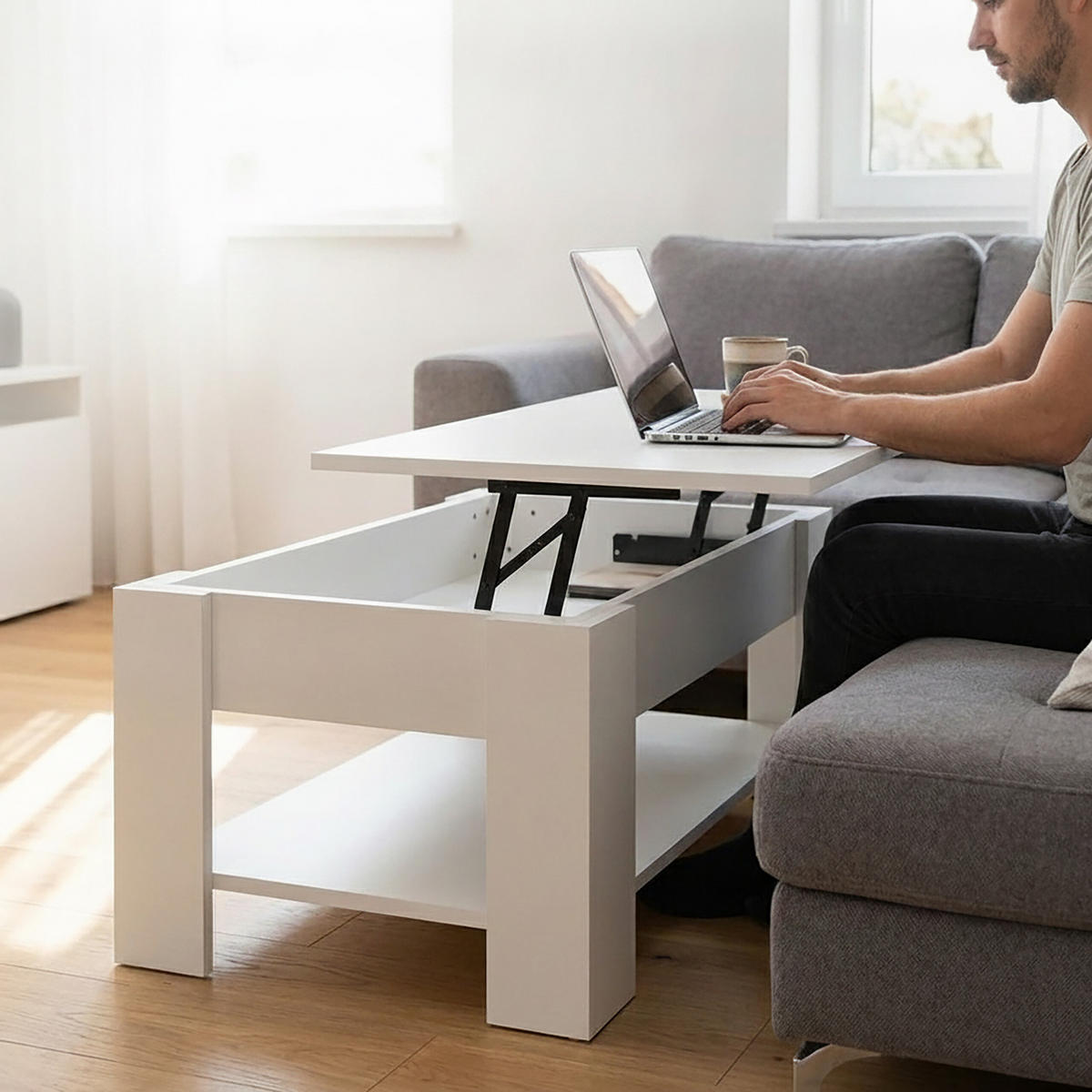 COUCHTISCH Weiß höhenverstellbar Stauraum 98x50 cm - Weiß, Holzwerkstoff/Metall (50/98/42cm) - Relaxdays