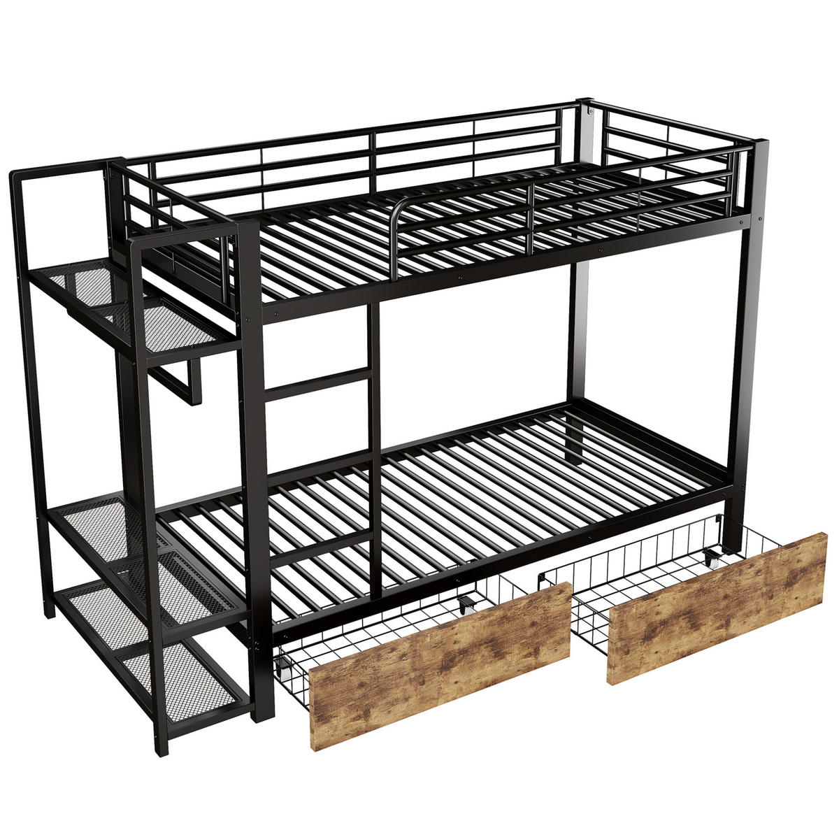 ETAGENBETT 90/200 cm aus Metall mit LED-Beleuchtung, Schubladen und Ablagen - Schwarz, Metall (90/200cm) - Flora Grace