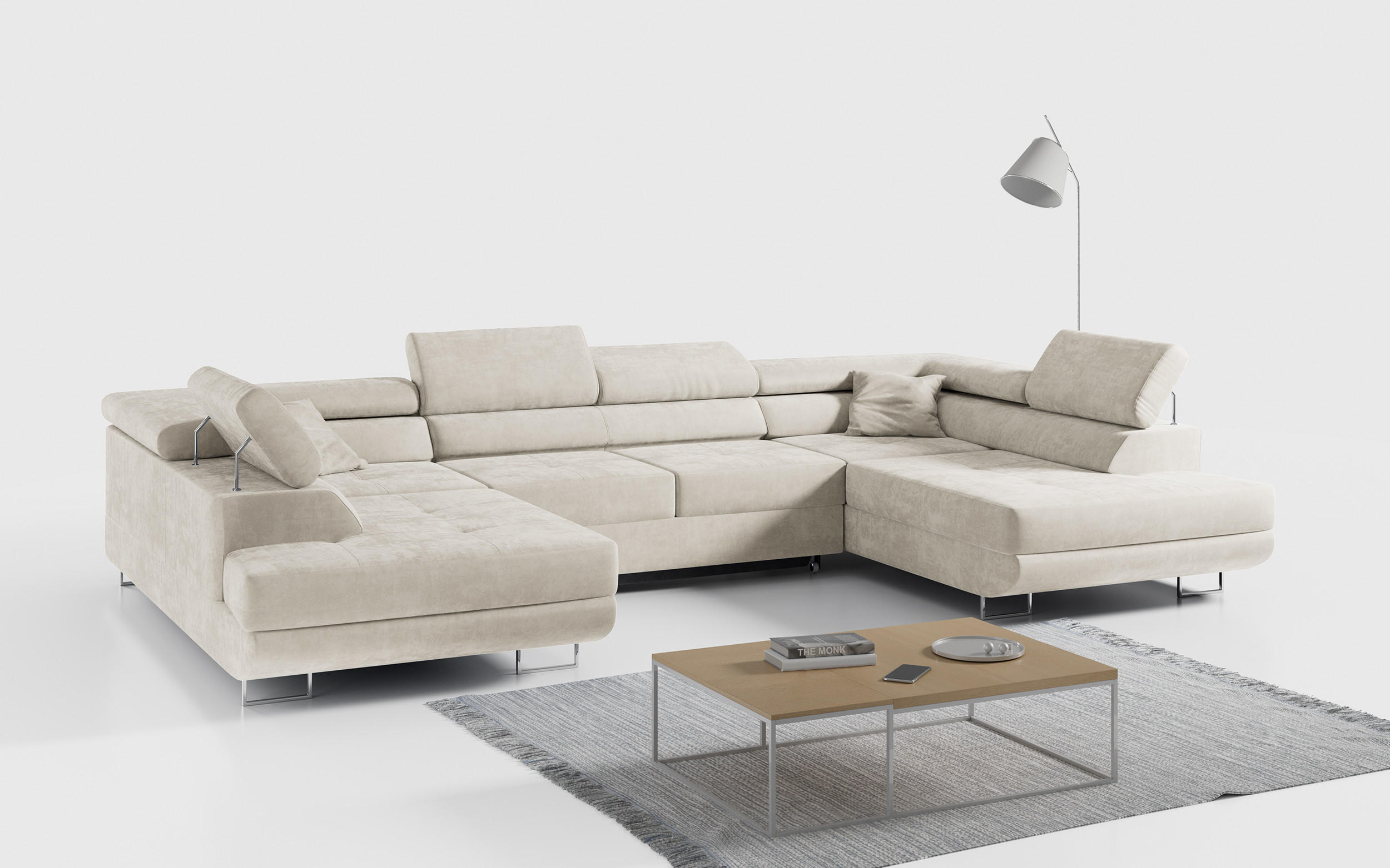 WOHNLANDSCHAFT GUSTAW U Beige Velvet - Beige/Silberfarben, Textil/Metall (340/55/205cm) - MKS