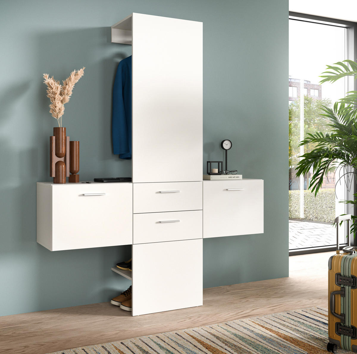 GARDEROBE Set 3-teilig weiß 156 cm, Komplettset mit viel Stauraum - Silberfarben/Weiß, Glas/Holzwerkstoff (156/190/36cm) - Inn.Furn