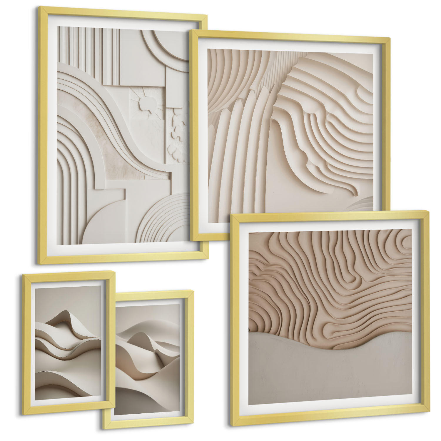 BILDER SET 5er Set - 50x50 cm & 20x30 cm & 40x60 cm Goldrahmen - Abstrakte beige Wellen - Goldfarben, Kunststoff (40/60cm) - TULUP