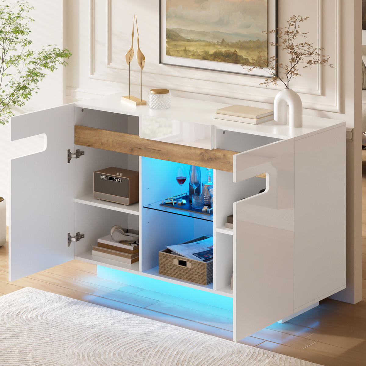 SIDEBOARD 120/40/80 cm Weiß/Natur aus Spanplatte und Glas mit LED - Weiß, Glas (120/80/40cm) - OKWISH