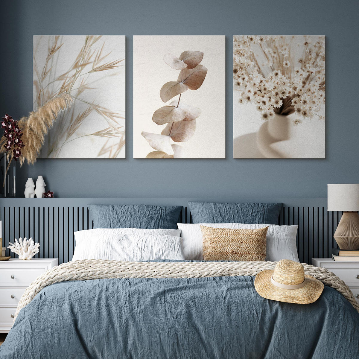 LEINWANDBILDER 3-er Set Blätter Blumen - Blau/Beige, Textil (90/40cm) - Muralo