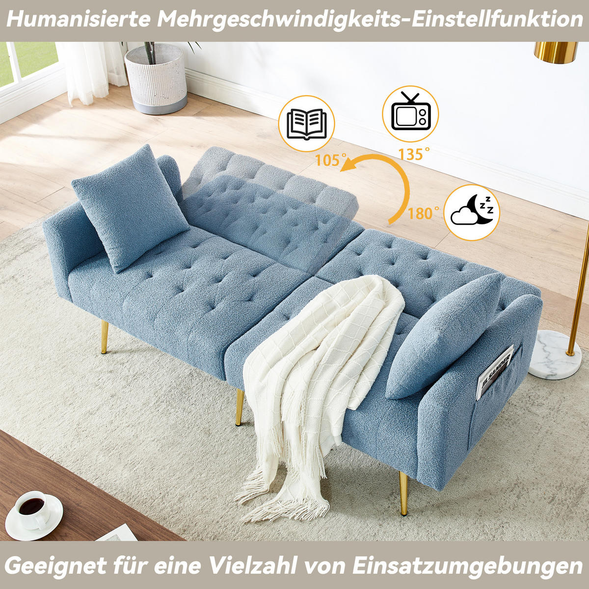 SCHLAFSOFA 177/78/74 cm in Blue Teddyfell mit Aufbewahrungstasche - Blau, Textil (177/74/78cm) - Oxeza