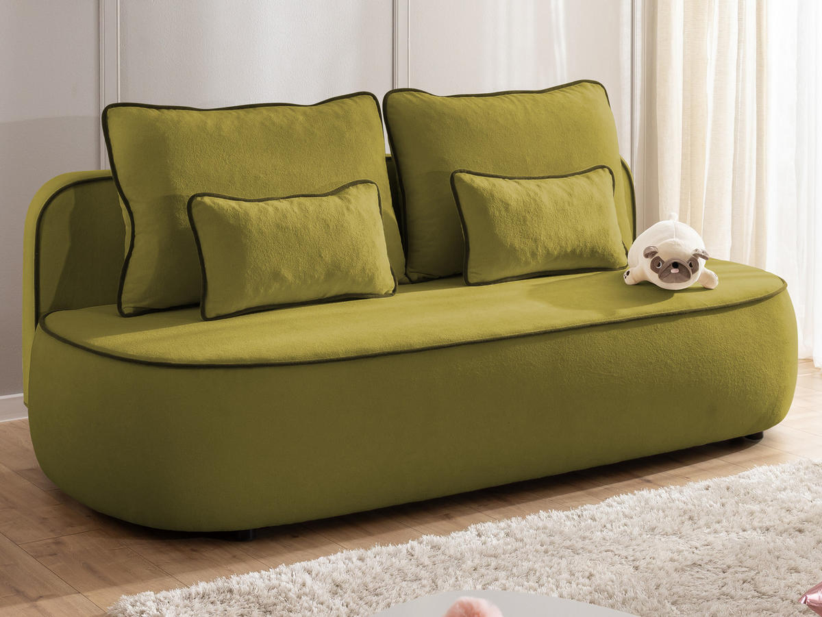 KINDERSOFA Vero im modernen und abgerundeten Design mit Schlaffunktion und Bettkasten aus Grün Plüschstoff mit dunkelgrüner Paspel - Schwarz/Grün, Holz/Kunststoff (210/90/98cm) - S-Style Möbel