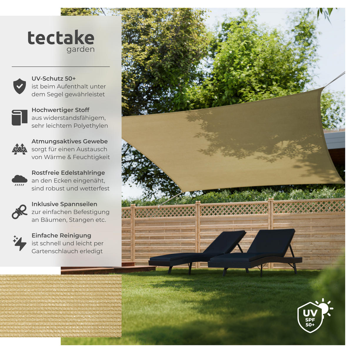 SONNENSEGEL , inklusive Spannseile, beige - Beige, Kunststoff (400/400cm) - tectake