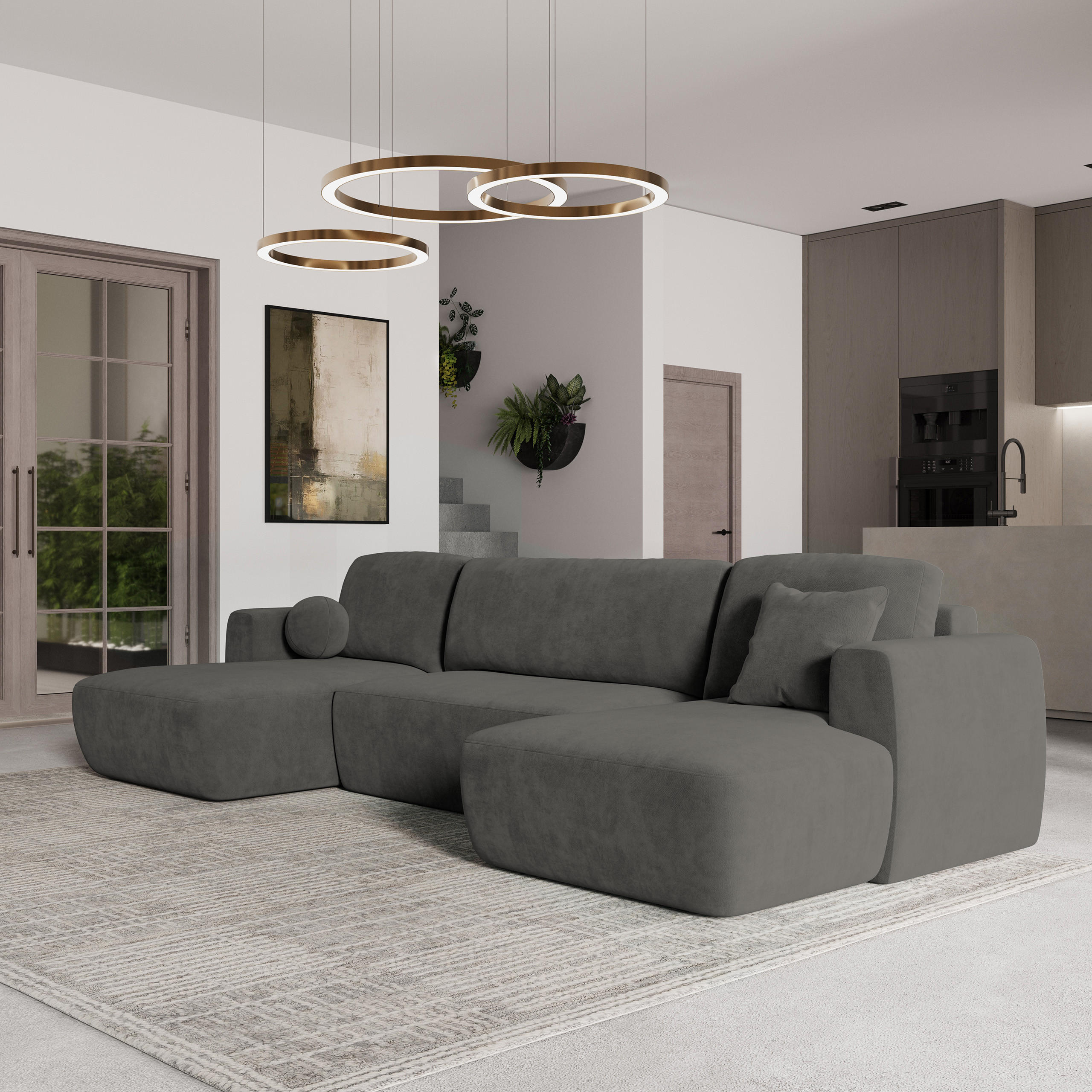 WOHNLANDSCHAFT SENTUM K Grau Plüsch-Stoff mit Schlaffunktion - Grau, Holz (330/90/148cm) - MASSENO
