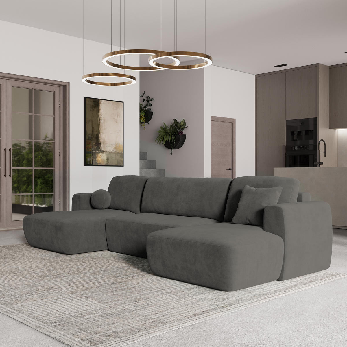 WOHNLANDSCHAFT SENTUM K Grau Plüsch-Stoff mit Schlaffunktion - Grau, Holz (330/90/148cm) - MASSENO