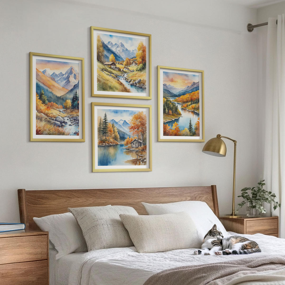 BILDER SET 4er Set - 50x50 cm & 40x60 cm Goldrahmen - Berglandschaft mit einem Fluss - Goldfarben, Kunststoff (50/50cm) - TULUP