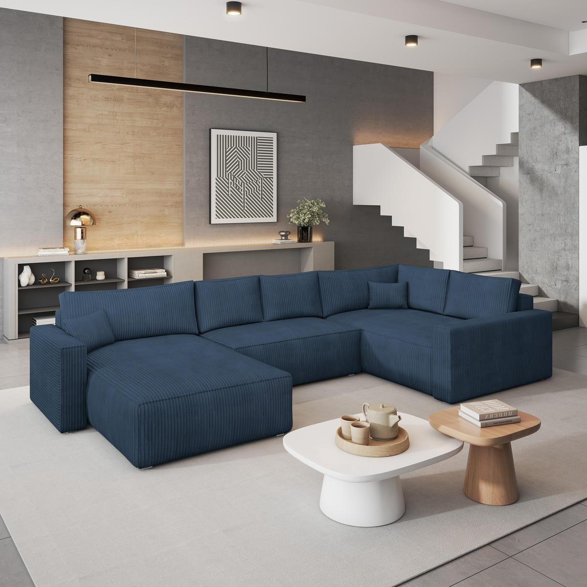 WOHNLANDSCHAFT VELAMI R-S Blau Kordstoff mit Schlaffunktion - Blau, Holz (365/83/194cm) - MASSENO