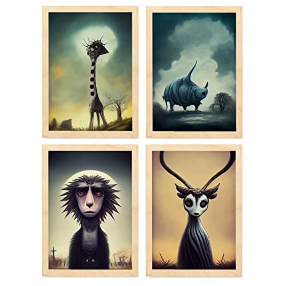 POSTER Set mit 4 Savanne Tier im T Burton Goth Stil A4 Rahmen aus hellem Holz - Beige, Papier (29.7/3cm) - Nacnic