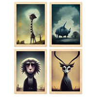 POSTER Set mit 4 Savanne Tier im T Burton Goth Stil A4 Rahmen aus hellem Holz - Beige, Papier (29.7/3cm) - Nacnic