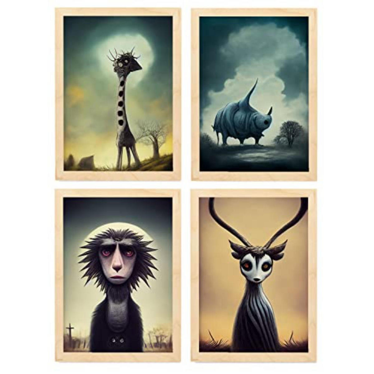POSTER Set mit 4 Savanne Tier im T Burton Goth Stil A4 Rahmen aus hellem Holz - Beige, Papier (29.7/3cm) - Nacnic