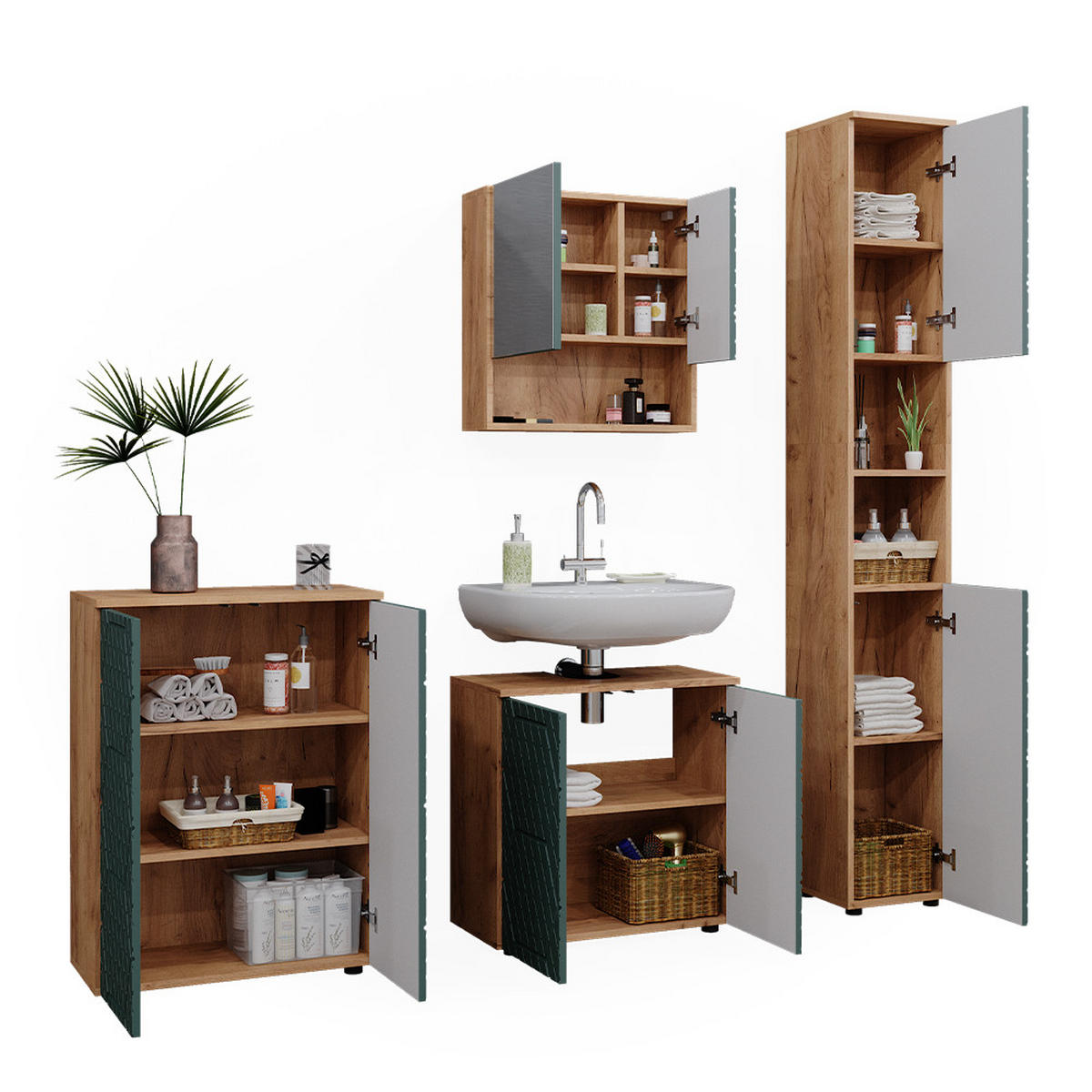 BADMÖBEL-SET Irma Grün 4 Teile, mit Hochschrank und Kommode - Eiche Wotan/Grün, Holzwerkstoff (80/58.6/41cm) - Vicco