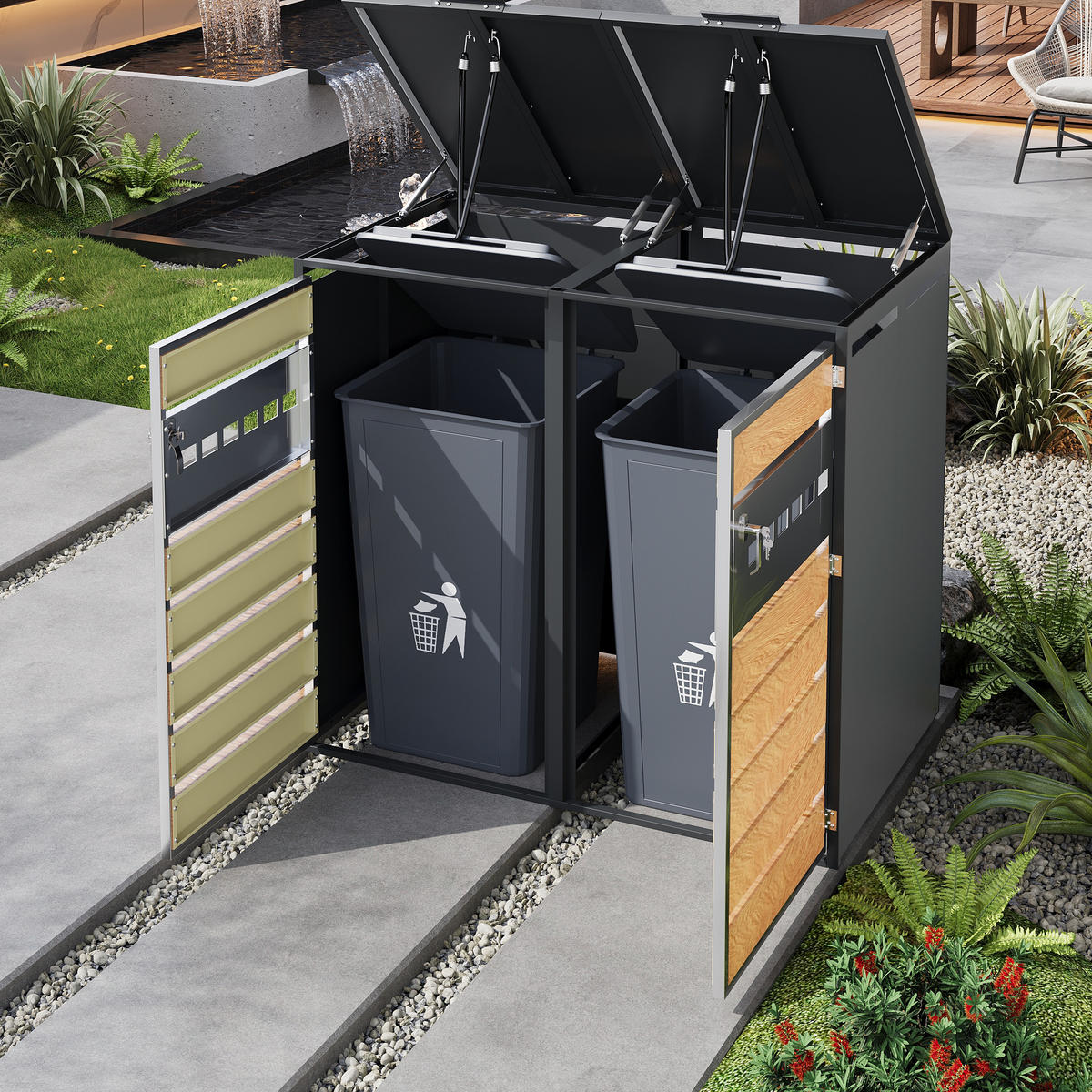 MÜLLTONNENBOX Klappdeckel 2 Türen - Grau, Metall (132/118.5/80cm) - LEBENLANG