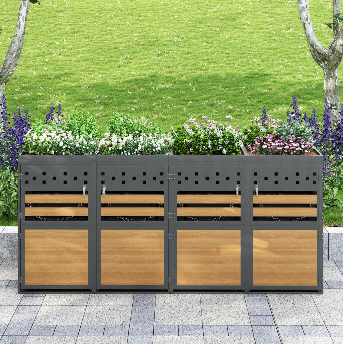 MÜLLTONNENBOX aus Metall in Grau Natur mit Pflanzendach - Grau, Metall (264/125/80cm) - Modfu