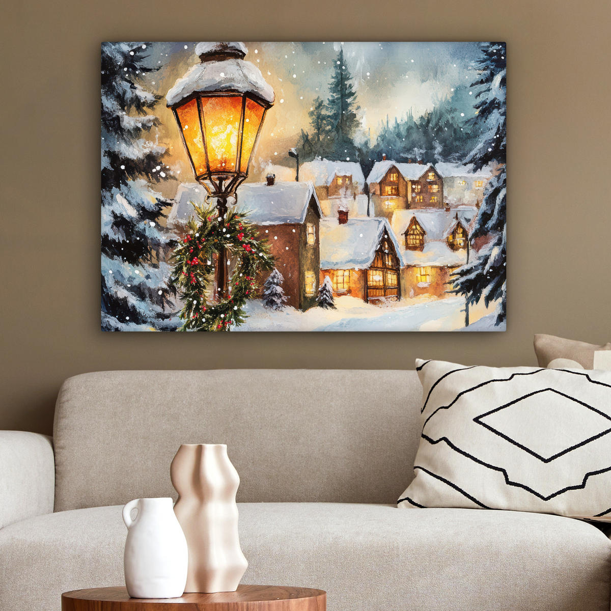 LEINWANDBILD Weihnachtsdorf - Häuser - Schnee - Weihnachten Wandbilder 80x60 cm - Sandfarben, Textil (80/60cm) - MuchoWow