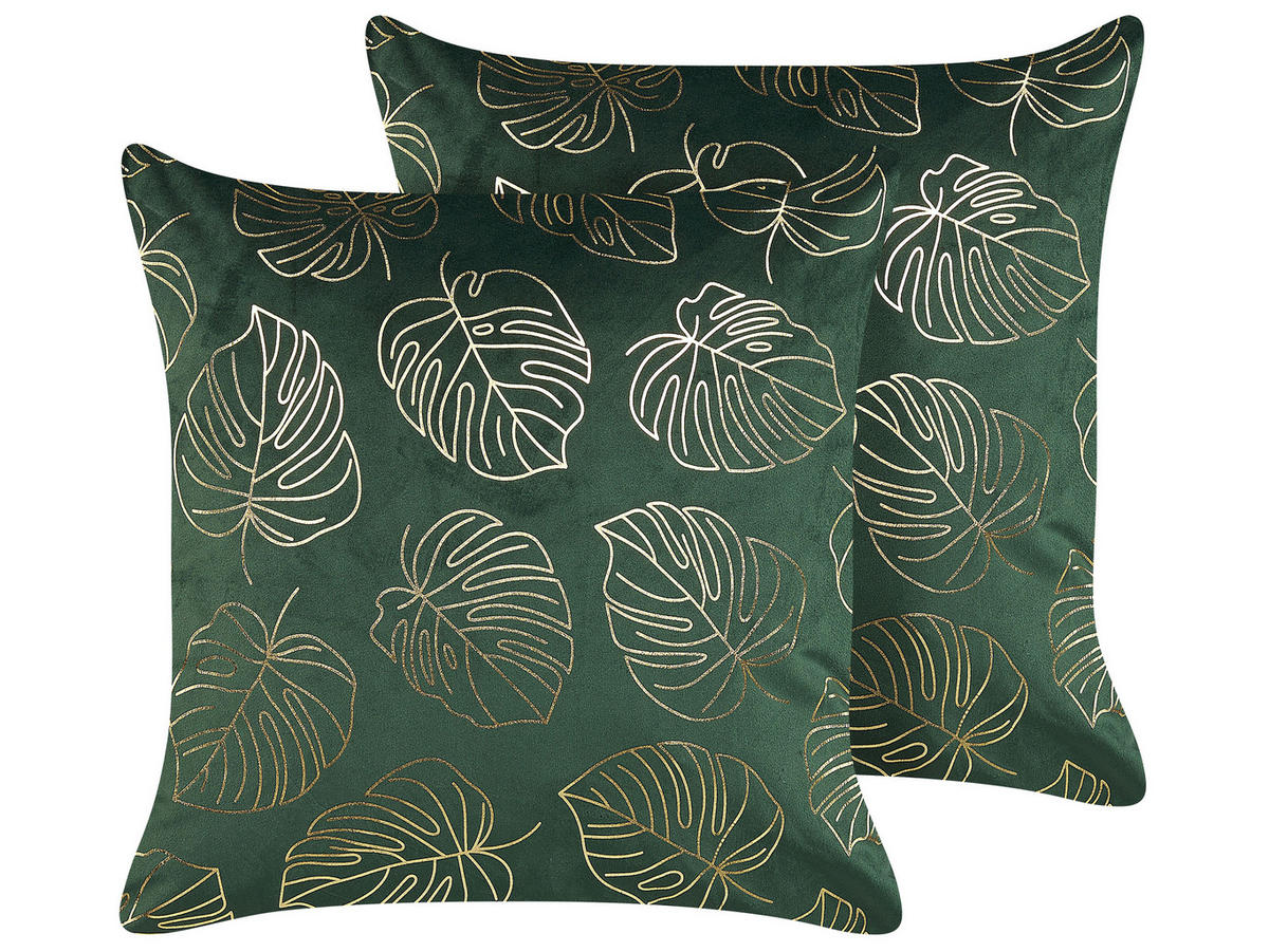 DEKOKISSEN 2er-Set Dunkelgrün 45/45 cm Monstera - Dunkelgrün, Textil (45/45cm) - Beliani