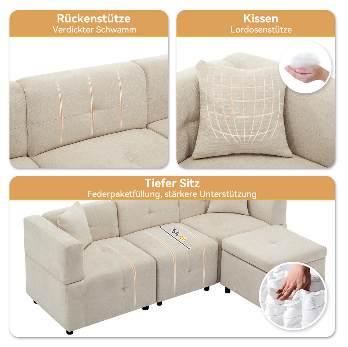3-SITZER Ecksofa Chenille mit Stauraum-Fußhocker und 2 Kissen 204/126/69 cm Beige - Beige, Kunststoff/Textil (126/204cm) - Redom