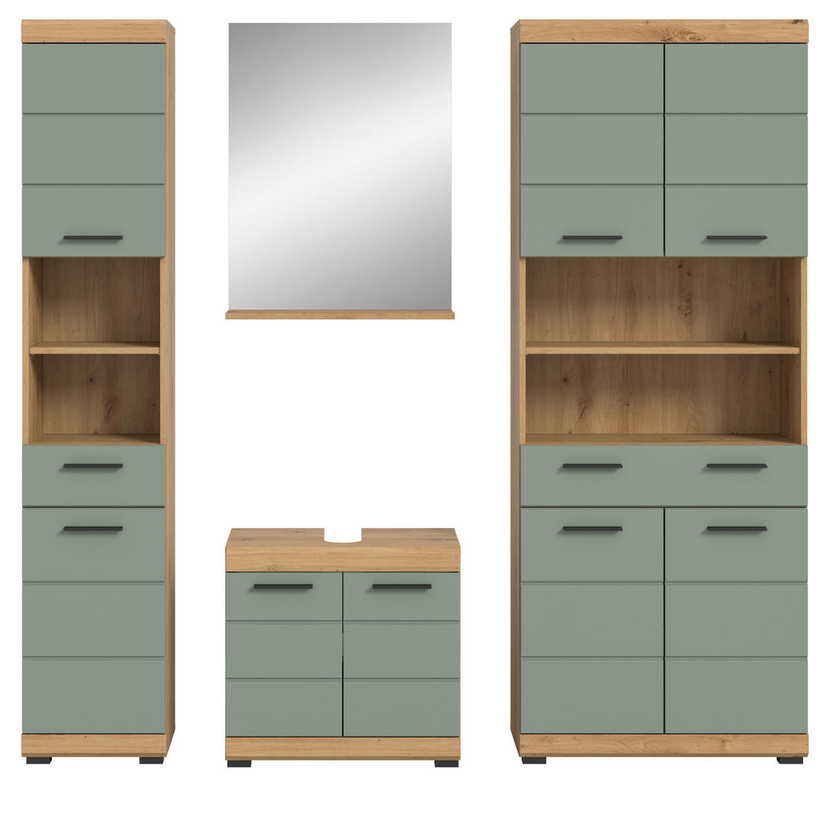 BADMÖBEL-SET Salbei grün, Eiche Artisan 4-teilig 200 cm, Komplettset mit viel Stauraum - Salbeigrün/Schwarz, Glas/Holzwerkstoff (186/191/34cm) - Inn.Furn