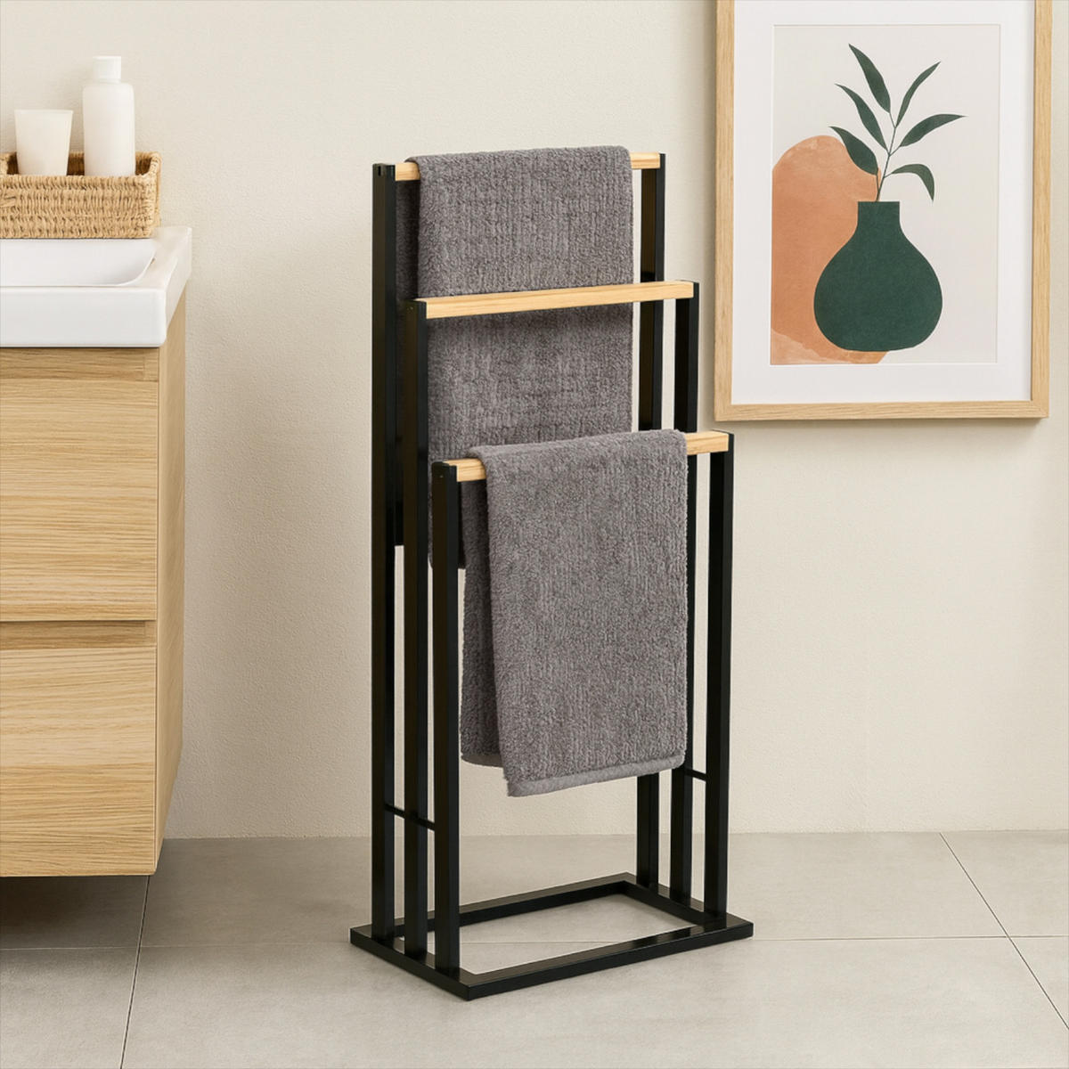 HANDTUCHSTÄNDER Bambus Metall Schwarz Natur 81,5x42x24 cm - Schwarz/Naturfarben, Holz (42/81.5/24cm) - Begryf