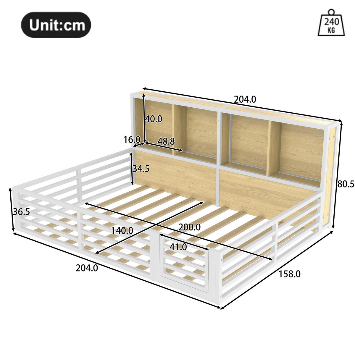 KINDERBETT aus Metall und MDF 140x200 cm Weiß mit Ablagefächern, LED-Beleuchtung und Lattenrost - Weiß, Metall (140/200cm) - IVMEU