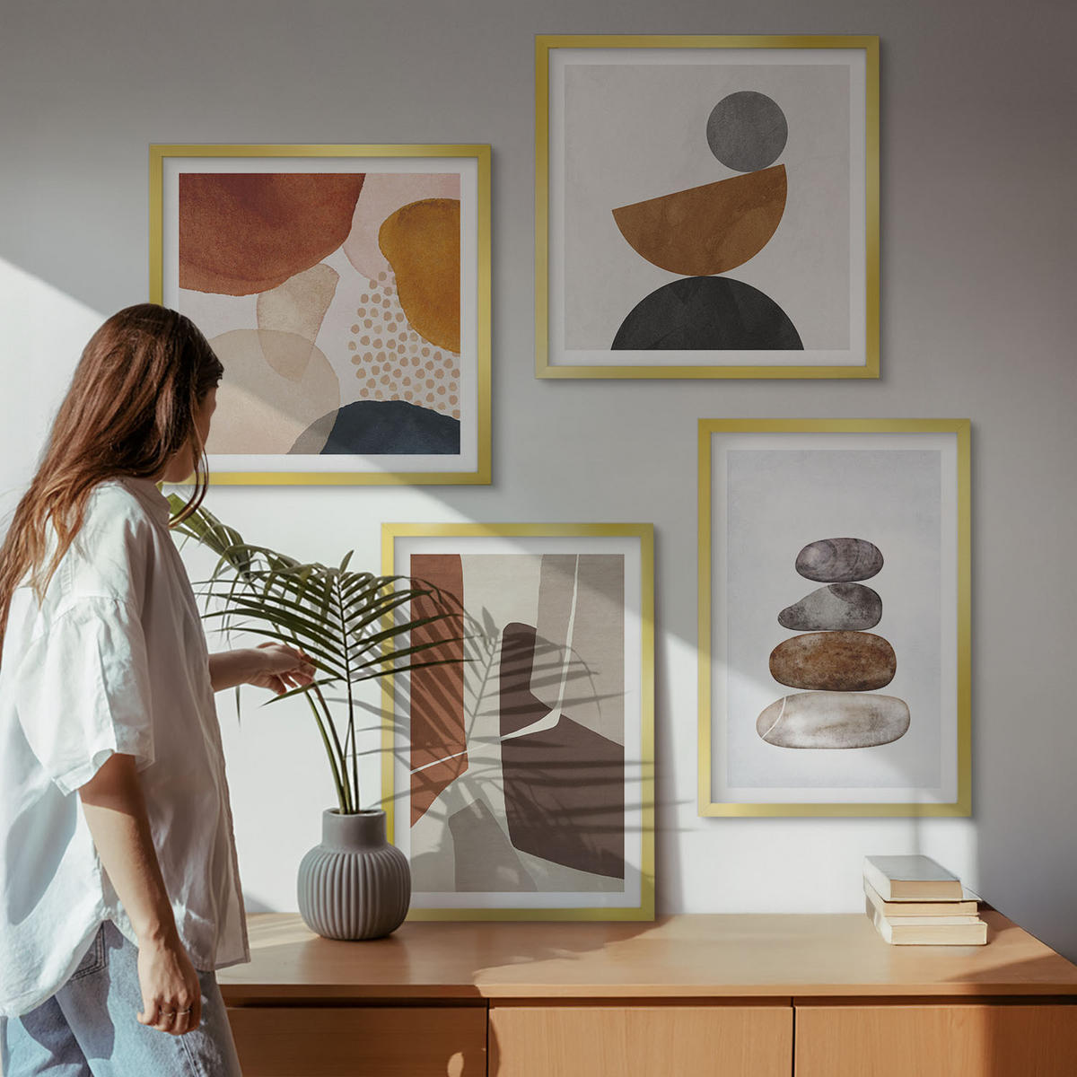 WANDBILDER 4er Set - 50x50 cm & 40x60 cm Goldrahmen - Abstrakte Malerei Dekorationen - Goldfarben, Kunststoff (50/50cm) - ArtPrintCave