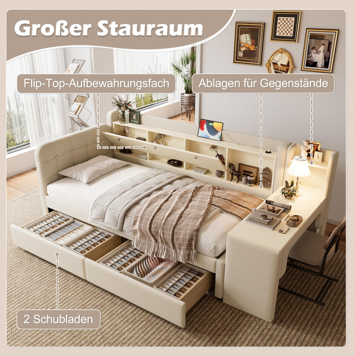 POLSTERBETT 90/200 cm in Beige mit Schreibtisch, 2 Schubladen und USB - Beige, Textil (90/200cm) - Flora Grace