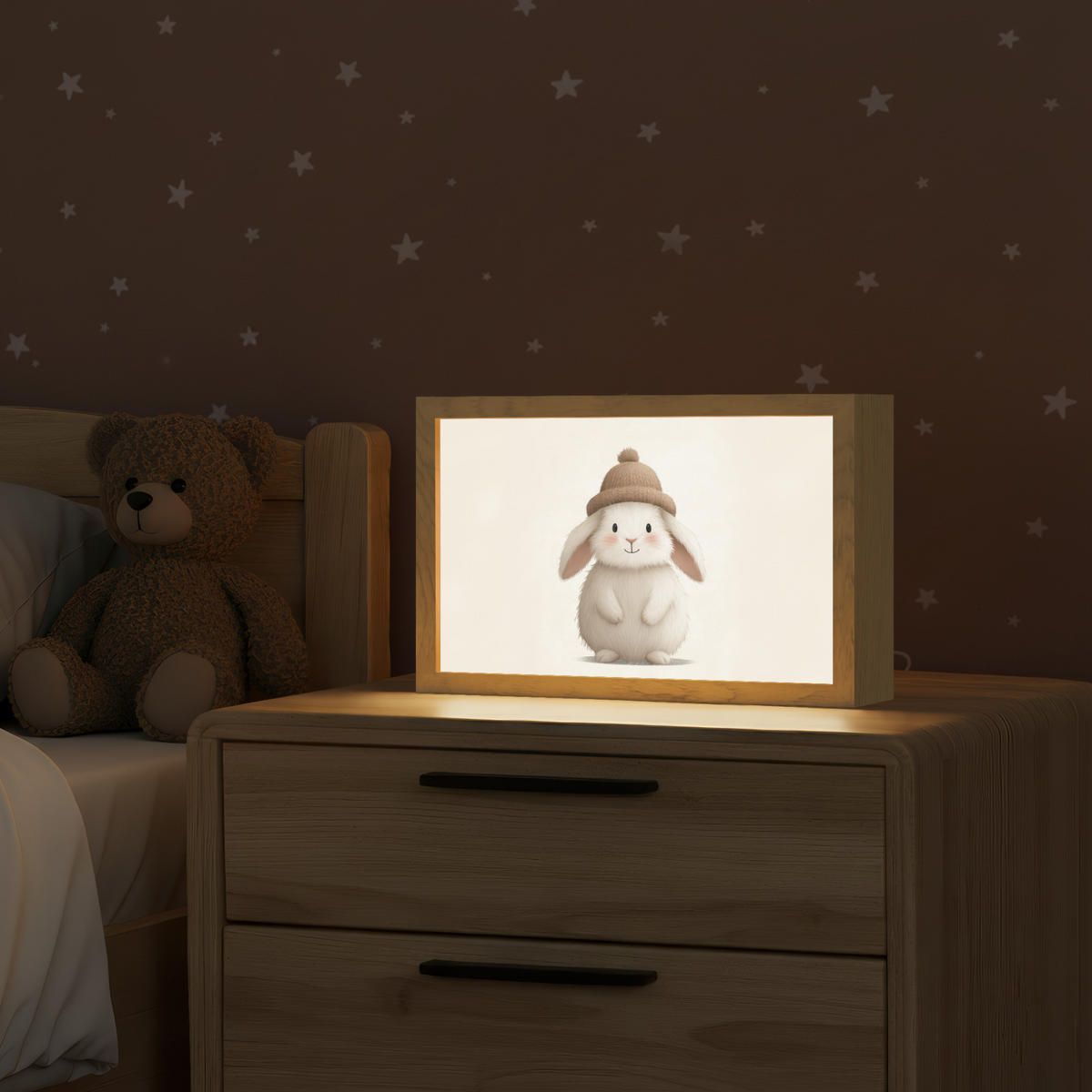 NACHTTISCHLAMPE Kaninchen - Hut - Ohren - Beige 30x20 cm - Creme, Holzwerkstoff (8/30/20cm)