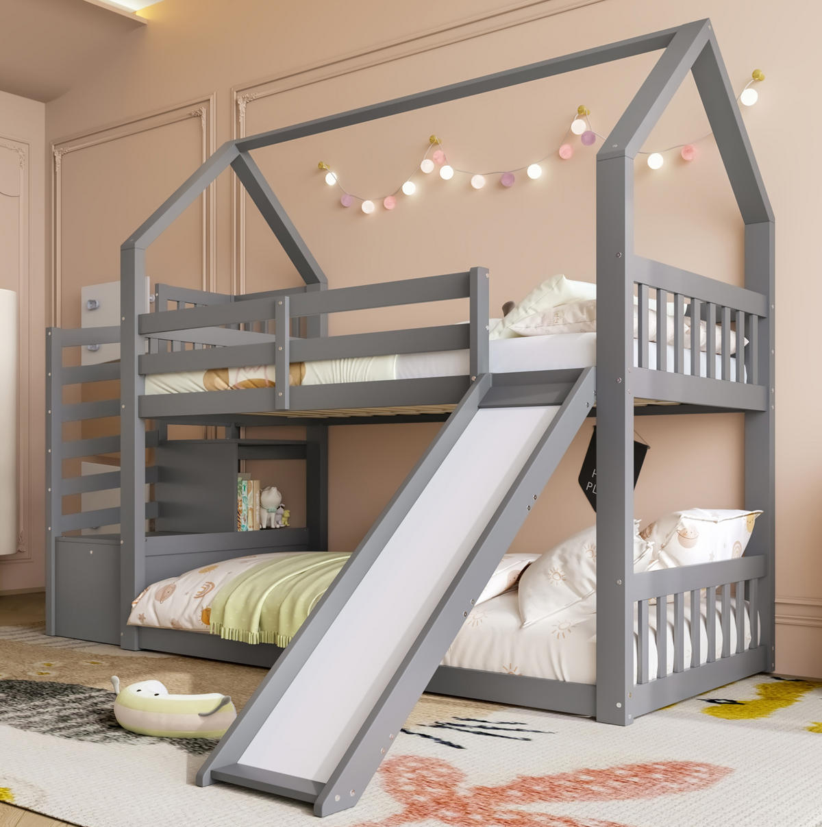 ETAGENBETT 90/200 cm Grau mit Rutsche, Stauraumtreppe und Hausdesign - Grau, Holz (90/200cm) - Flora Grace