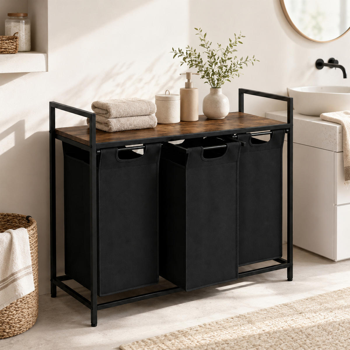 COȘ de rufe negru 3-compartimente cu poliță - negru, material textil/compozit lemnos (92.5/73/33cm) - Relaxdays