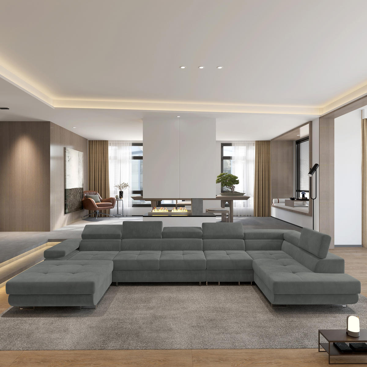 ROHOVÁ SEDAČKA VELORA šedá - šedá/stříbrná, kov/dřevo (419/90/202cm) - MASSENO