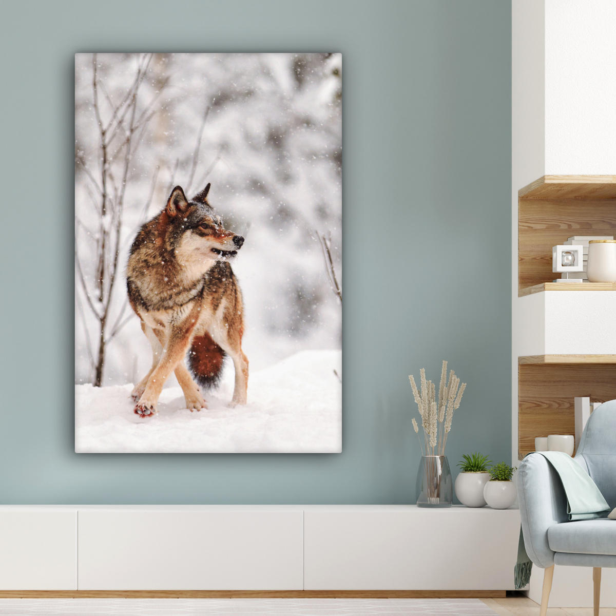 LEINWANDBILD Wolf - Winter - Schnee - Natur - Tiere 90x140 cm - Haselnussfarben, Textil (90/140cm) - MuchoWow