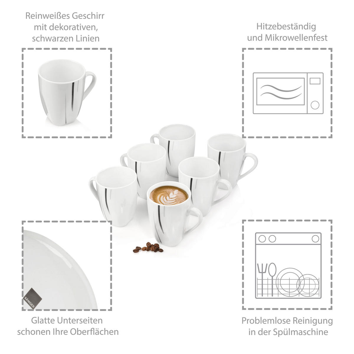 KAFFEEBECHEER SET BILGOLA BLACK LINES - 6 teilig aus Porzellan - Weiß, Keramik (32/18.5/23cm) - Sänger